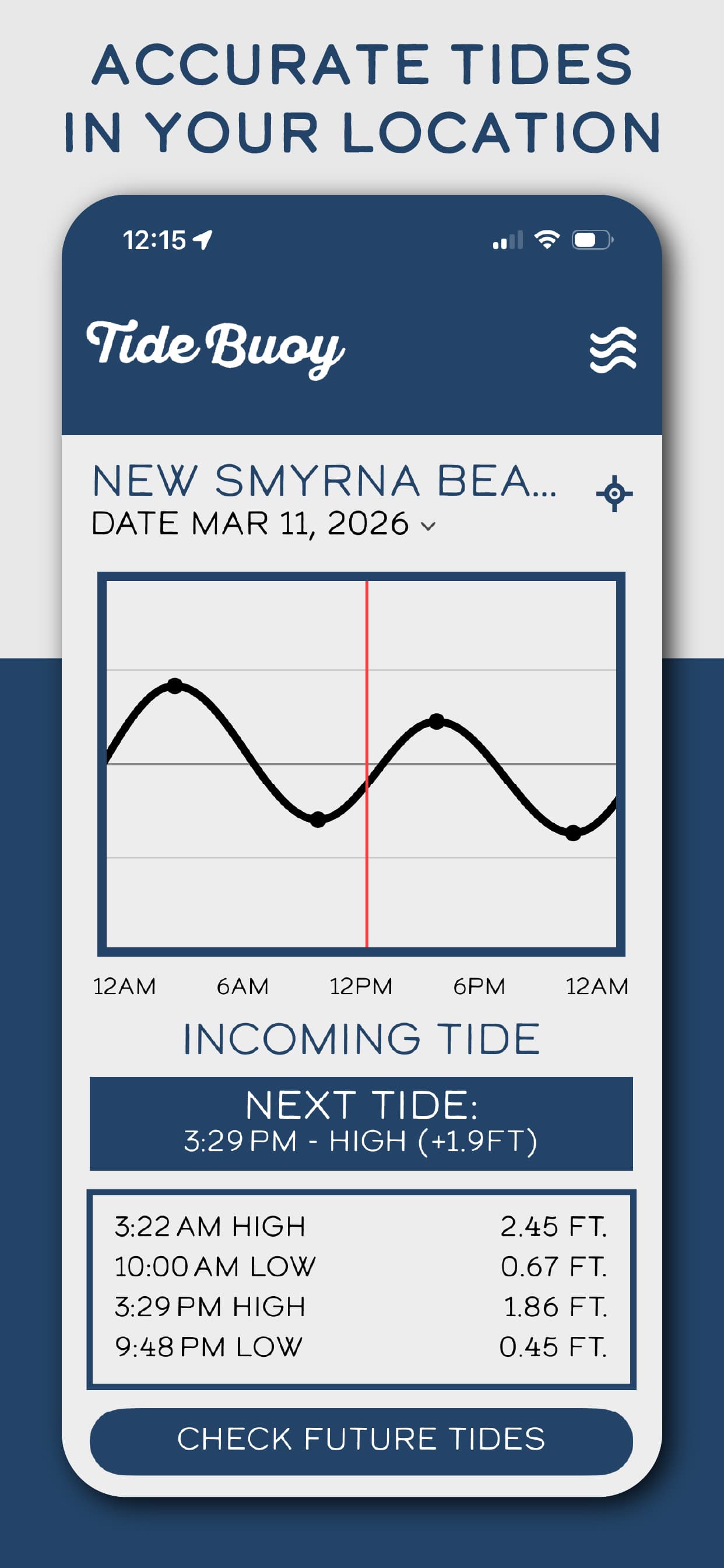 Tide Buoy app screenshot showing accurate tides for the user's location