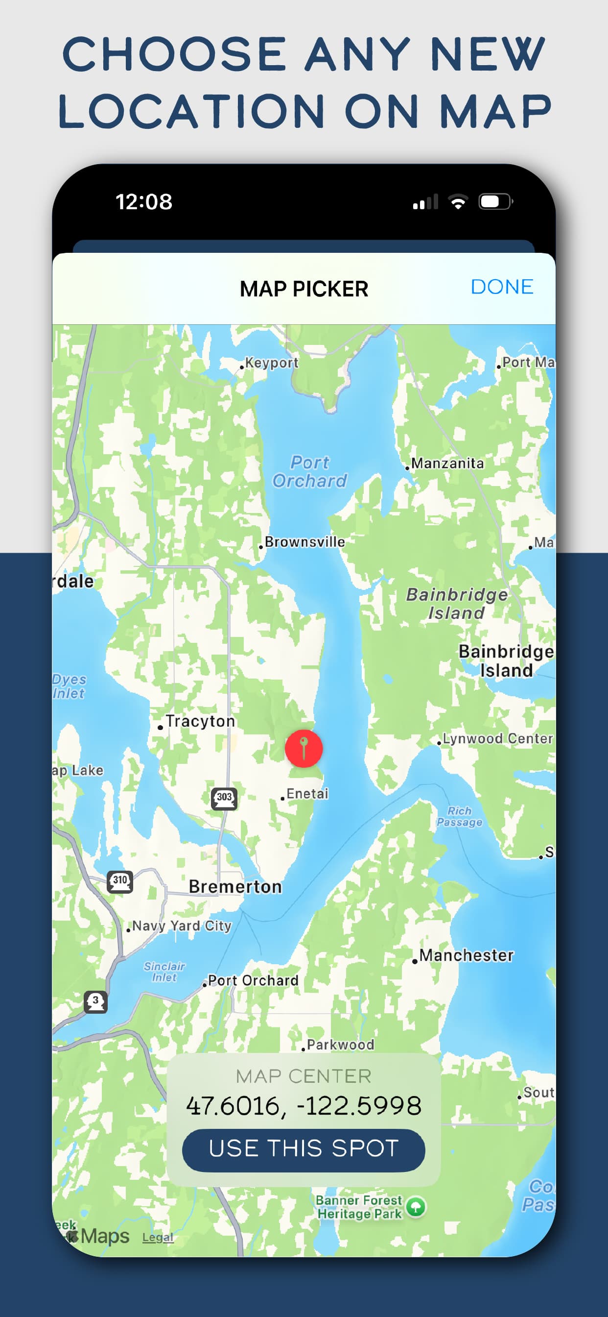 Tide Buoy app screenshot showing the map picker for choosing a new tide location