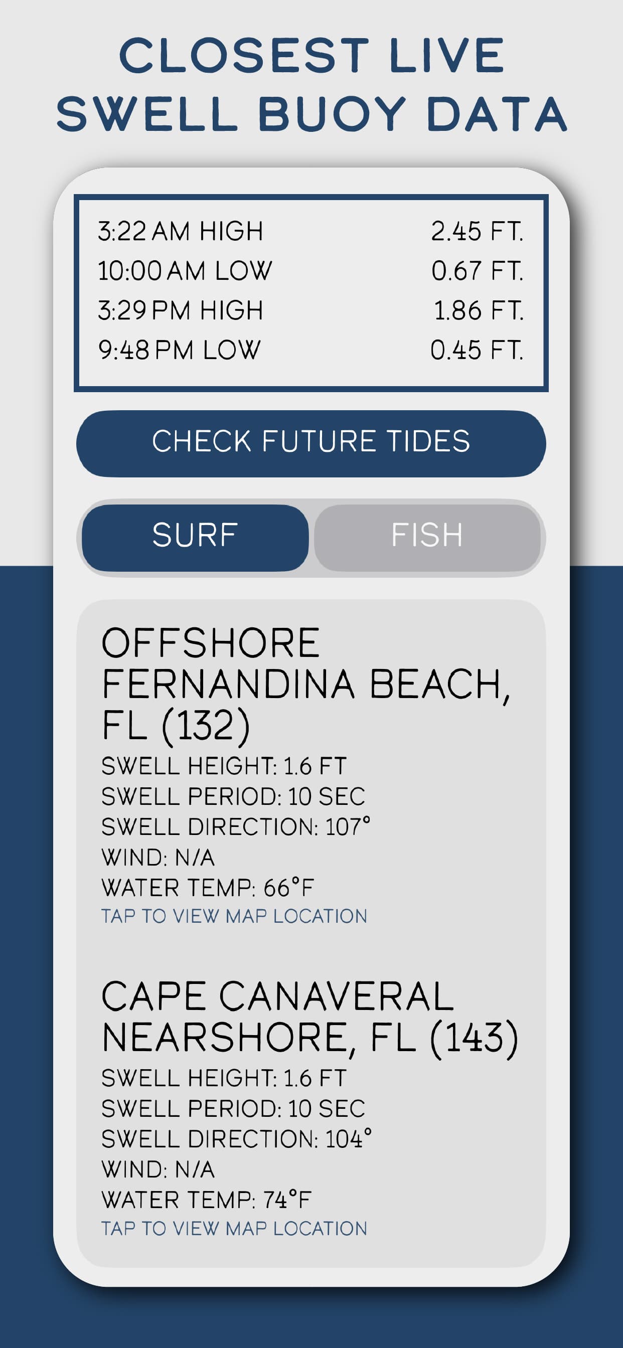 Tide Buoy app screenshot showing nearby swell buoy data