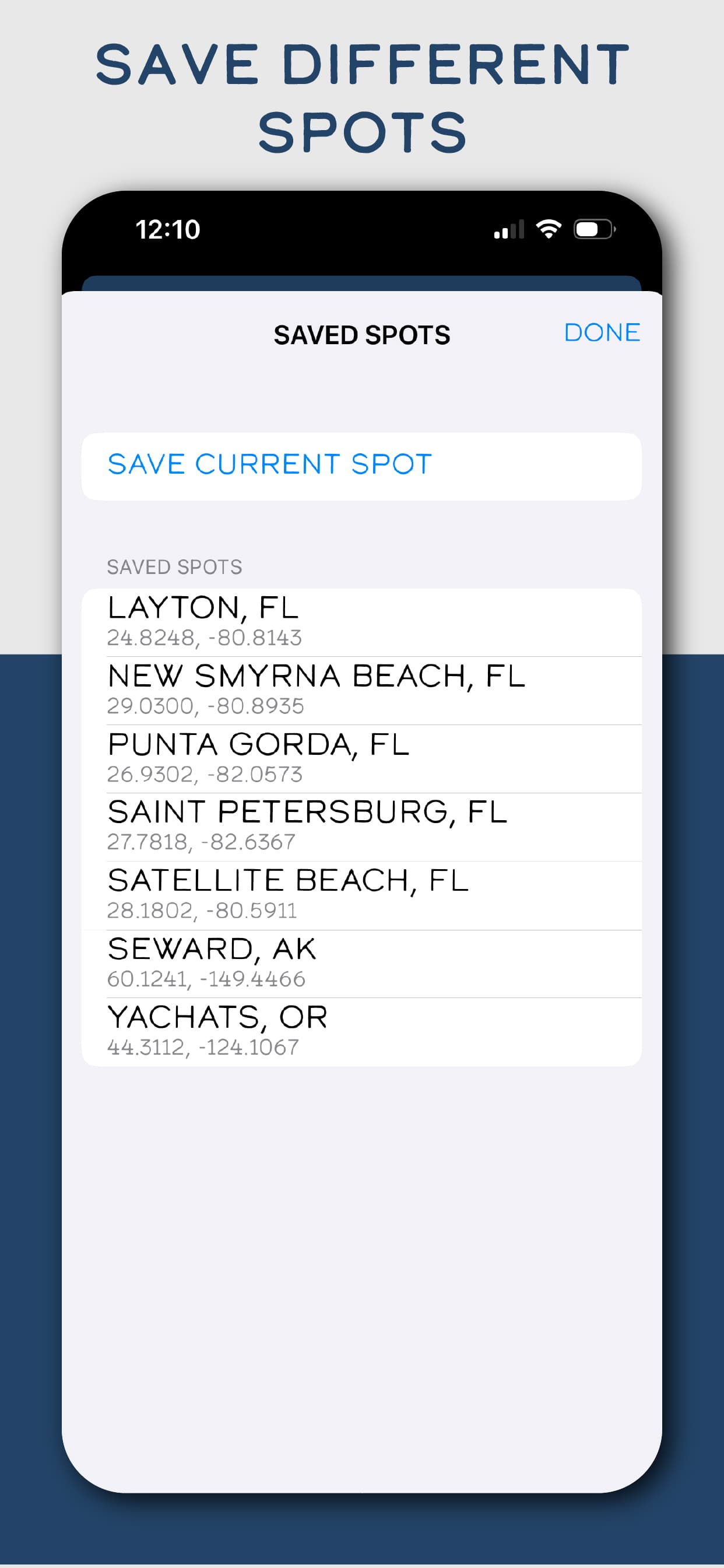 Tide Buoy app screenshot showing saved coastal spots