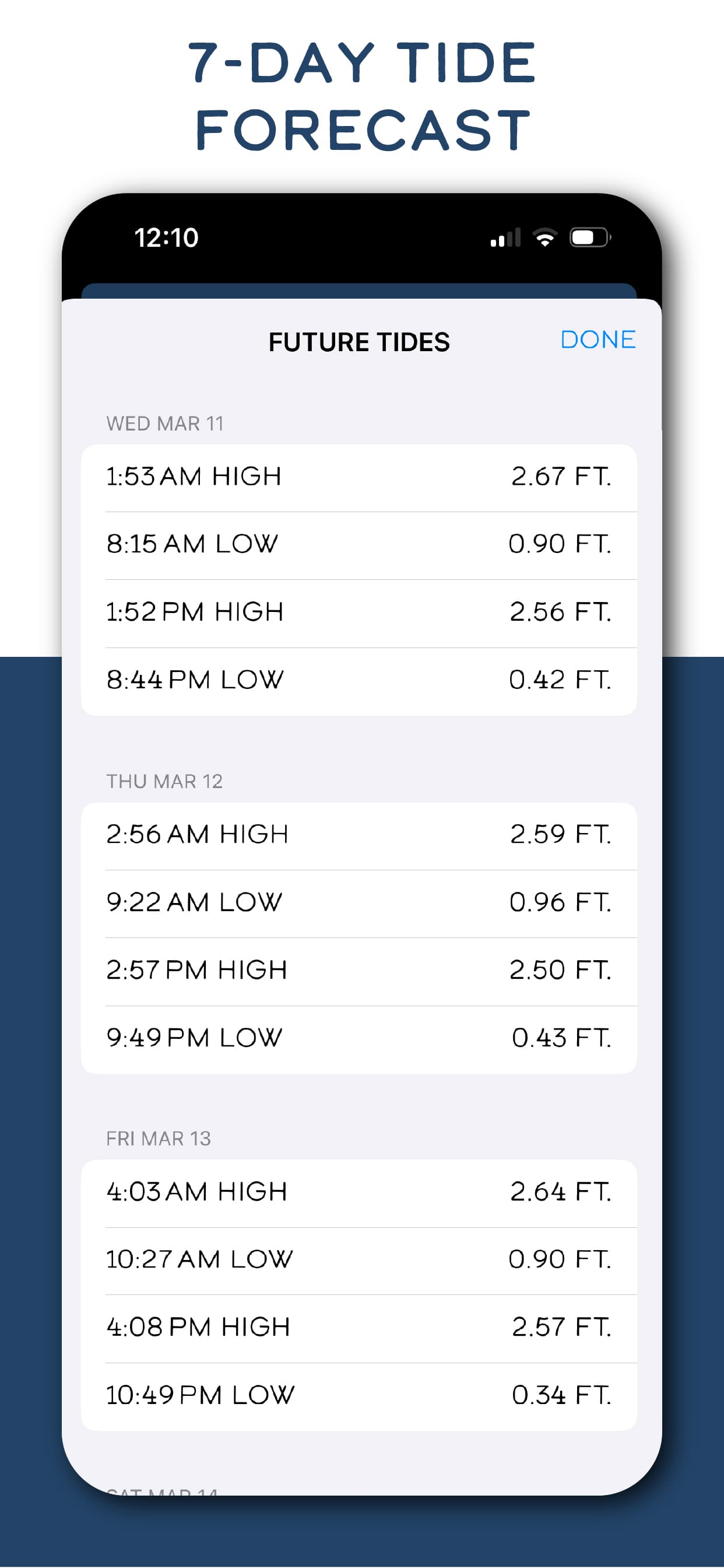 Tide Buoy app screenshot showing a seven day tide forecast