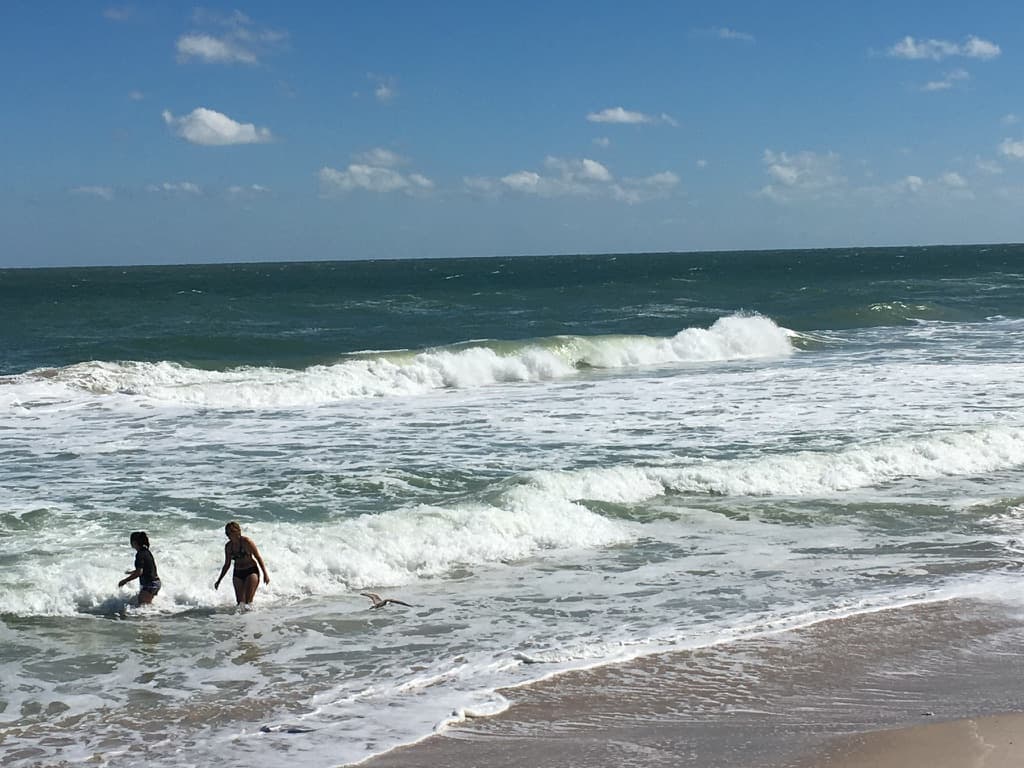 Two people standing near breaking waves on a sunny beach