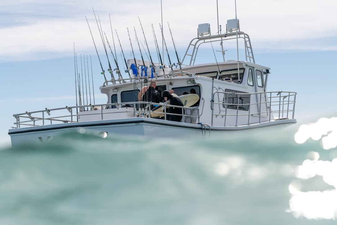 Fishing charter boat viewed from the waterline