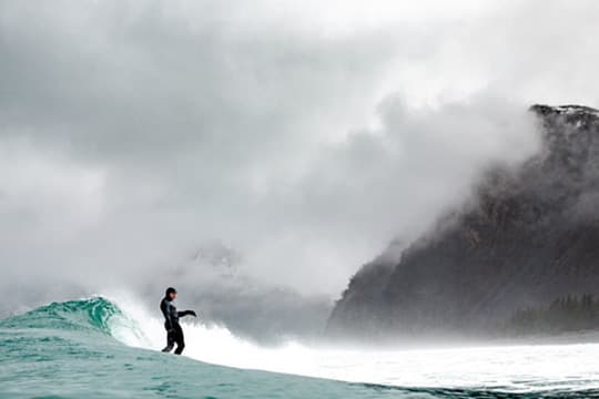 Surfer riding a wave beside a forested coastal point