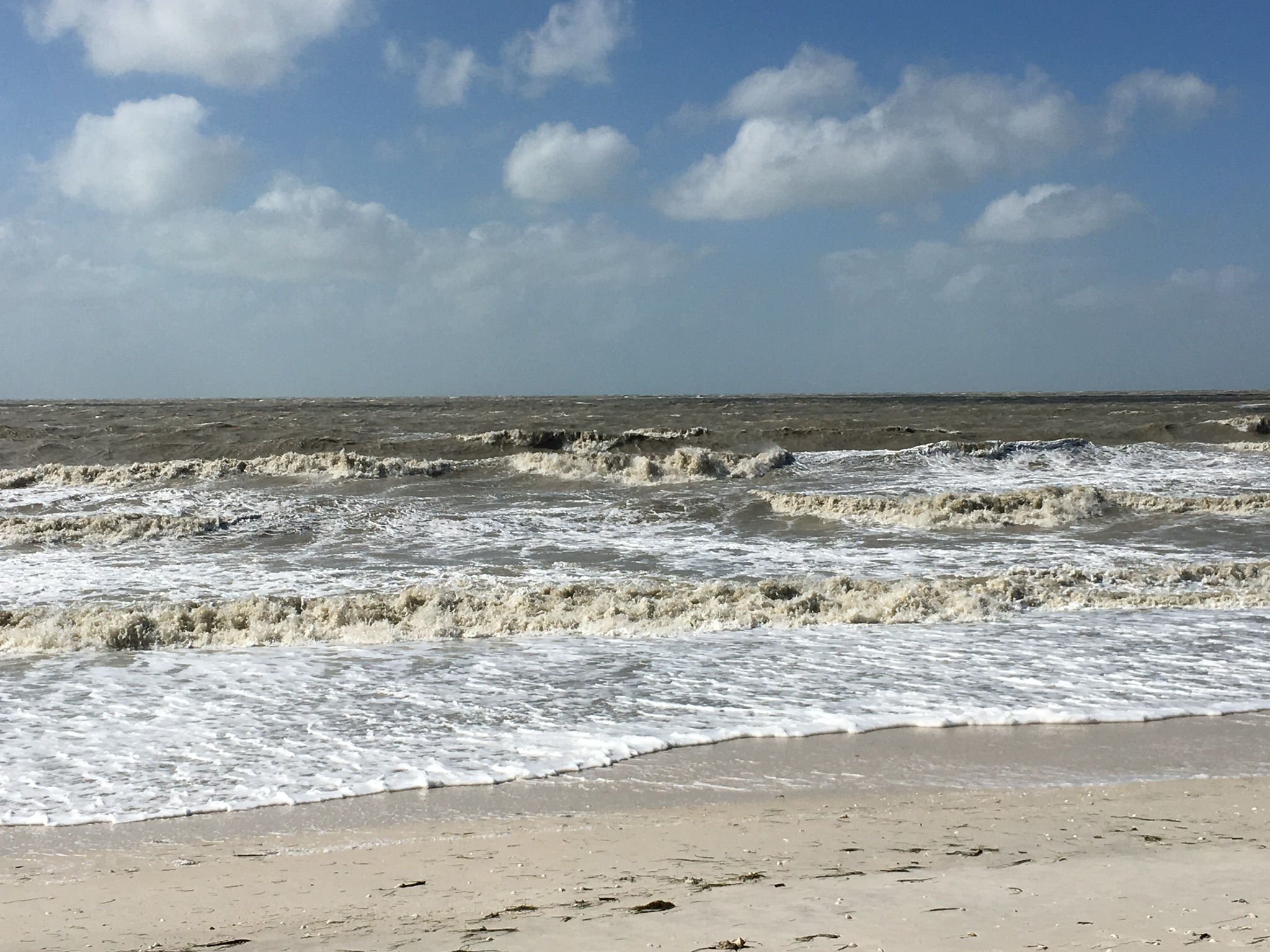 Rough surf breaking across a Florida beach under a blue sky